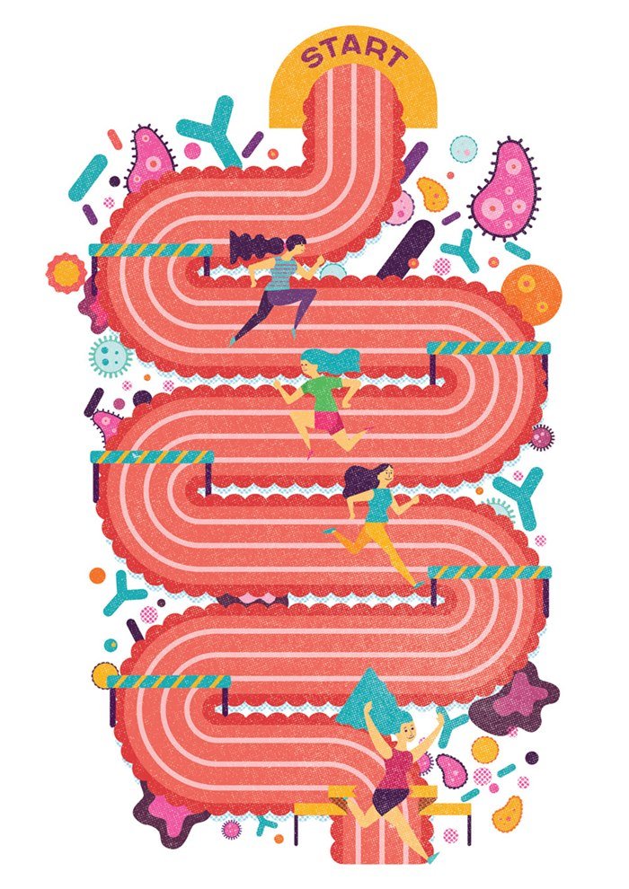 Gut Health Illustration showing the connection between gut microbiome and overall health